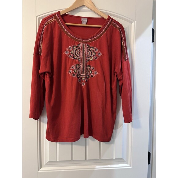 Chico's 3 R Embroidered Burnt Orange Boho 3/4 Sleeve Shirt Sequins - Picture 1 of 11